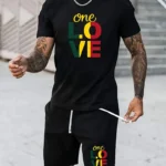Men's Casual Cotton T-Shirt with "One Love" Print, Crew Neck, Short Sleeve, Regular Fit, All-Season Knit Fabric Tee, 220gsm - Fashion Doodle Fun Graphic Top