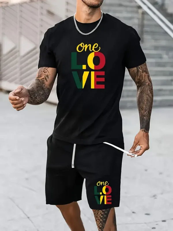 Men's Casual Cotton T-Shirt with "One Love" Print, Crew Neck, Short Sleeve, Regular Fit, All-Season Knit Fabric Tee, 220gsm - Fashion Doodle Fun Graphic Top