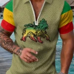 Casual European-American Men'S Printed Short Sleeve Zip-Up Shirt with Lion Emblem, 100% Polyester Knit Fabric with Slight Stretch, Lapel Collar, Summer Chain Detail Shirt