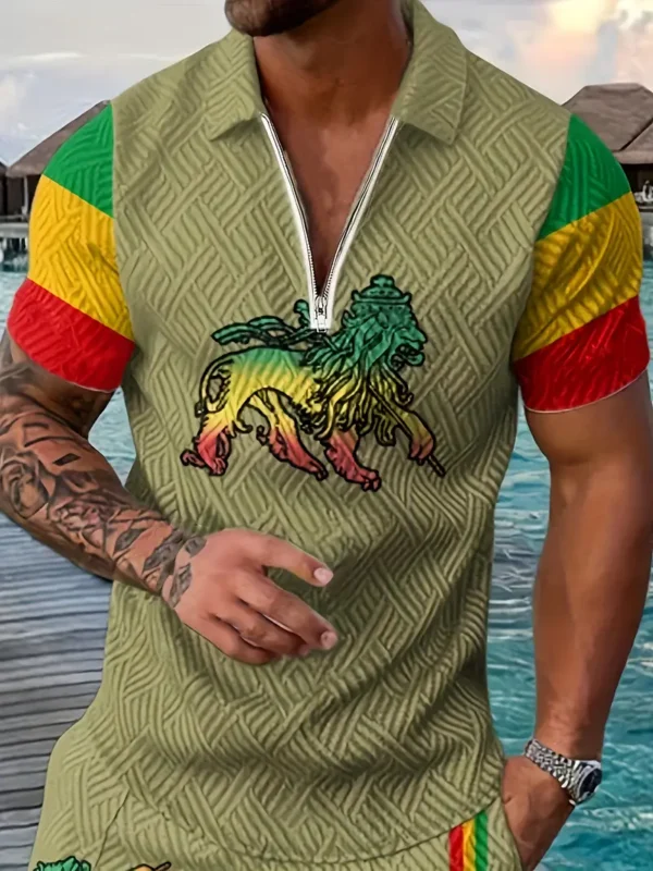 Casual European-American Men'S Printed Short Sleeve Zip-Up Shirt with Lion Emblem, 100% Polyester Knit Fabric with Slight Stretch, Lapel Collar, Summer Chain Detail Shirt