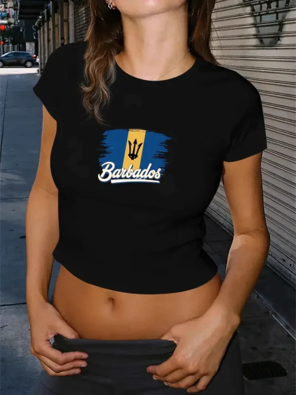 Retro 80S Inspired Barbados Flag Women'S Fashion Short T-Shirt - Image 10