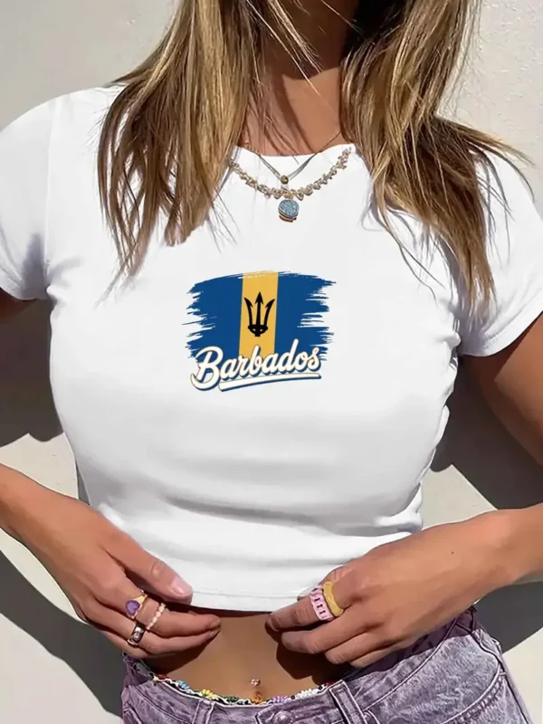 Retro 80S Inspired Barbados Flag Women'S Fashion Short T-Shirt