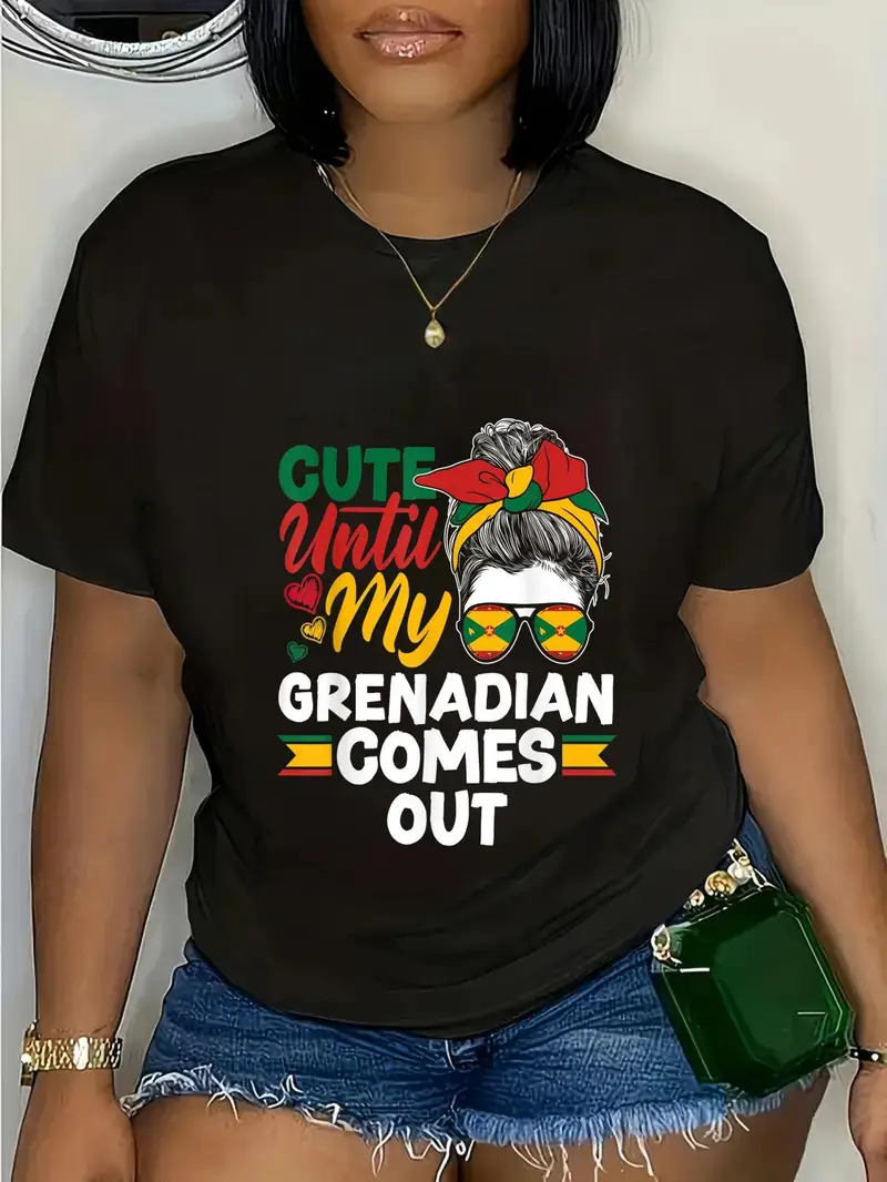180g Grenada Flag Graphic Tee - Cute Until My Grenadian Comes Out Women's Casual T-Shirt, Short Sleeve Crew Neck, Black with Colorful Print, Lightweight & Breathable Fabric