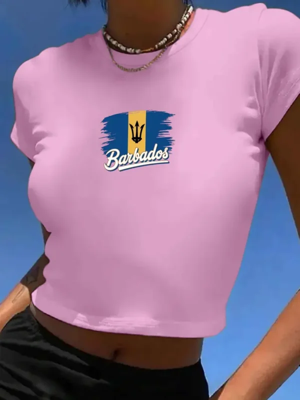 Retro 80S Inspired Barbados Flag Women'S Fashion Short T-Shirt - Image 13