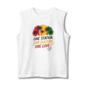 Reggae Palm Men Tank Top — "One Station. One Culture. One Love." Rasta Graphic Muscle Tee