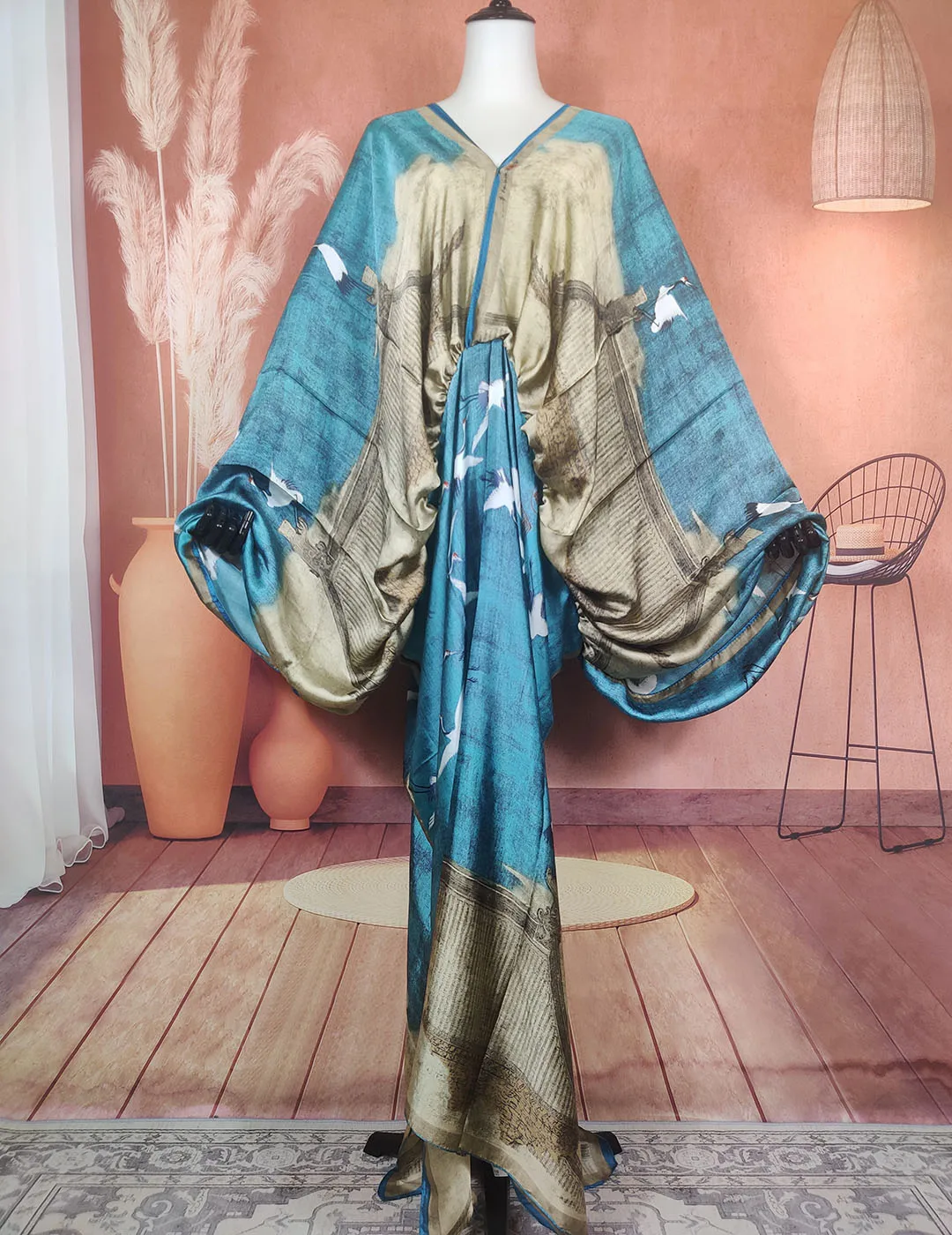 African Dresses For Women Bohomian Summer Beach Party V-Neck Dress Europe Fashion Silk Printed Batwing Sleeve Boubou - Image 10