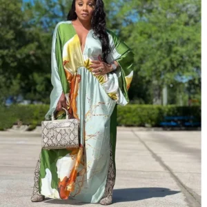 African Dresses For Women Bohomian Summer Beach Party V-Neck Dress Europe Fashion Silk Printed Batwing Sleeve Boubou