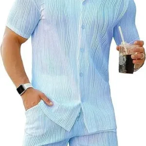 Men's 2 Piece Outfits Short Sleeve Button Down Shirt and Shorts Set Casual American Street Style Fashion Trendy Summer Tracksuit