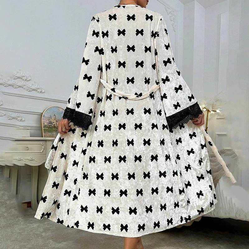Women Soft Velour Robe Lace Tirm Kimono Intimate Lingerie Long Nightgown Sleepwear Wedding Bride Party Gift Loungewear Nightwear - Image 5