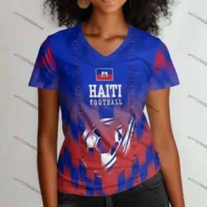 Women Haiti Inspired V Neck Soccer Jersey 2026 North America Tournament Fan Shirt Quick Dry Short Sleeve Blue Red Sports Tee