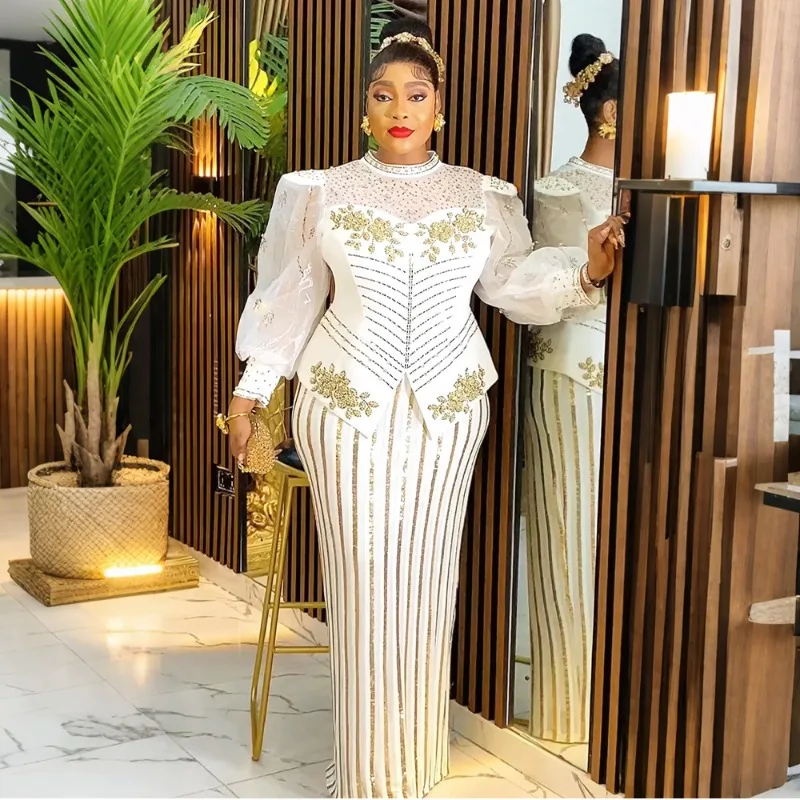 African Traditional Dresses for Women Beading Long Sleeve Dashiki Party Dress Plus Size Elegant Mesh Bodycon Guest Evening Gown - Image 4