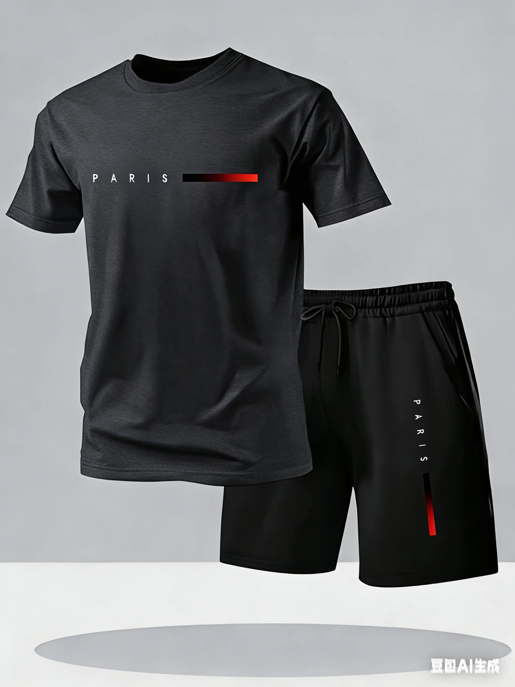 Men's 2 Piece Tracksuit Short Sleeve T Shirt & Shorts Set Casual Sportswear with Paris Print Summer Outfit for Daily Wear - Image 5