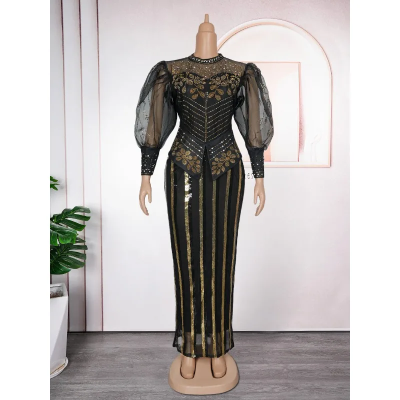 African Traditional Dresses for Women Beading Long Sleeve Dashiki Party Dress Plus Size Elegant Mesh Bodycon Guest Evening Gown - Image 8