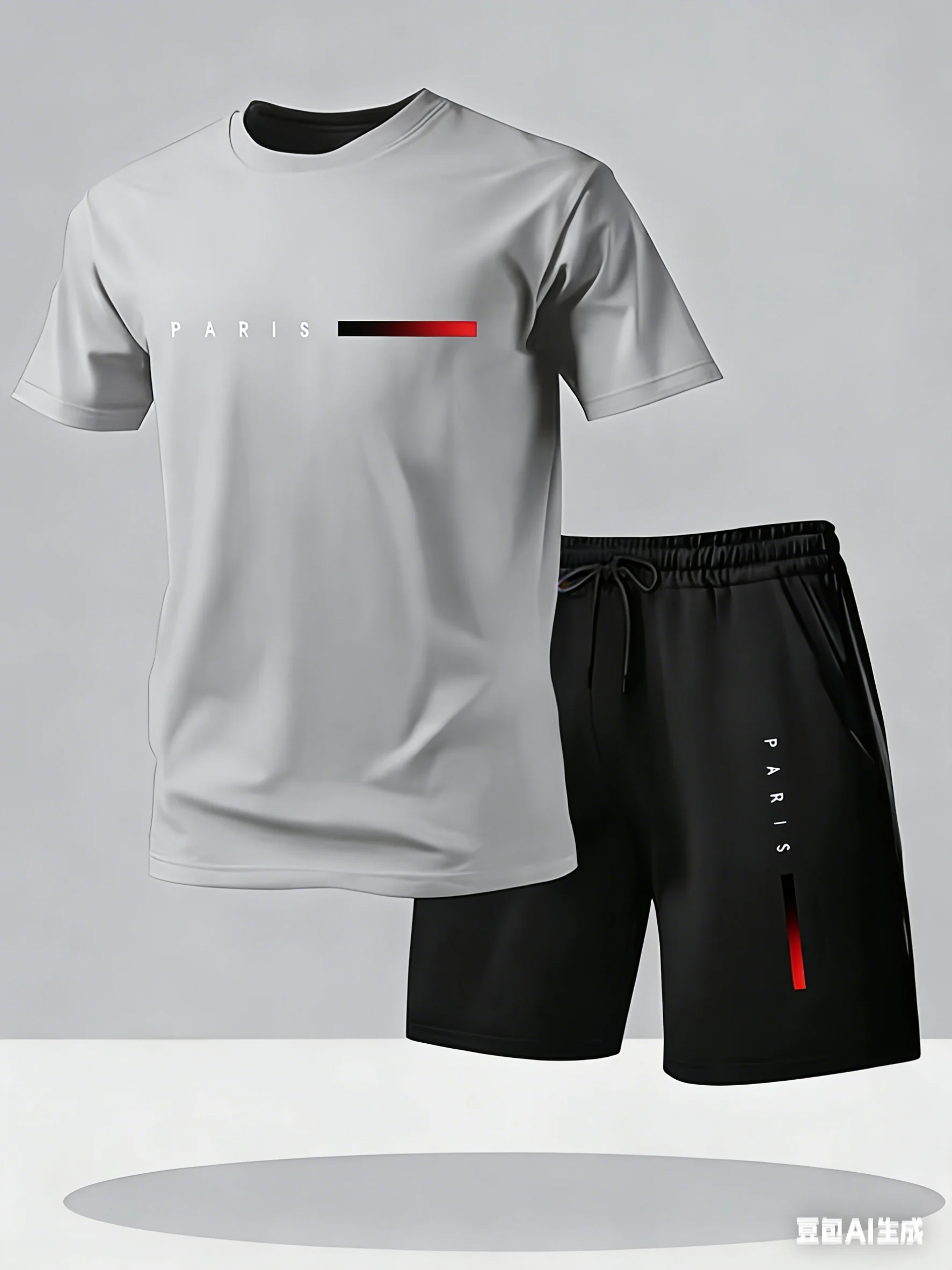 Men's 2 Piece Tracksuit Short Sleeve T Shirt & Shorts Set Casual Sportswear with Paris Print Summer Outfit for Daily Wear - Image 3