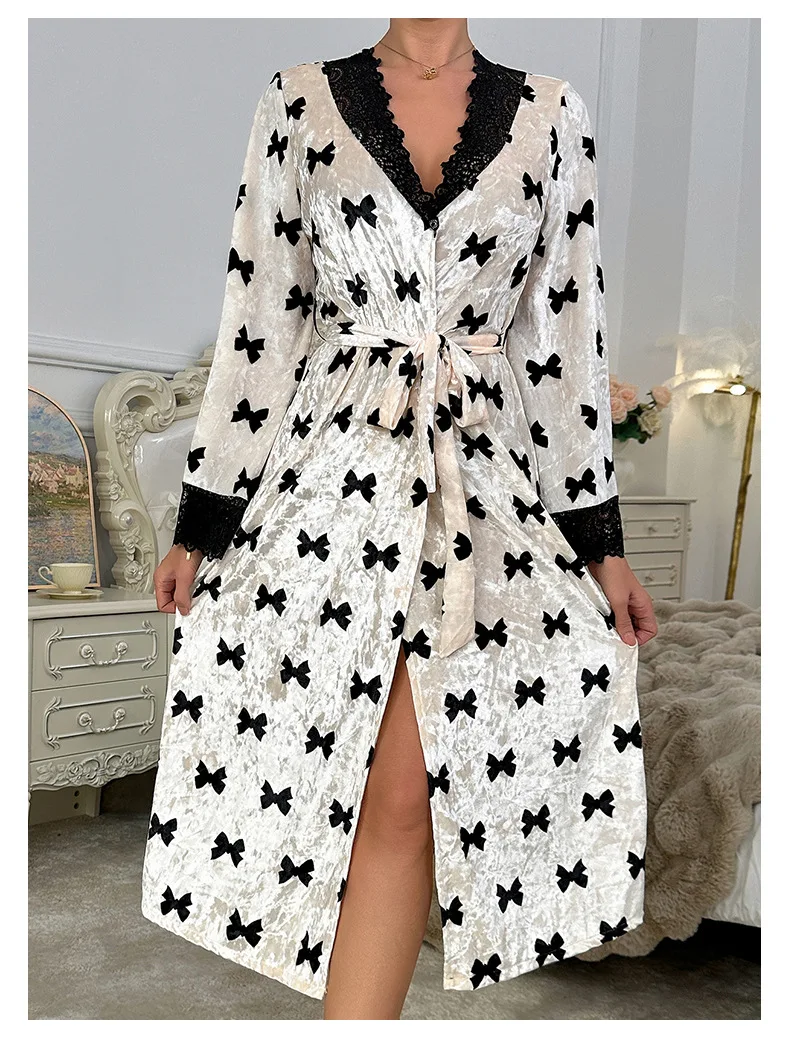 Women Soft Velour Robe Lace Tirm Kimono Intimate Lingerie Long Nightgown Sleepwear Wedding Bride Party Gift Loungewear Nightwear - Image 11