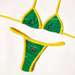 Sexy Embroidery Brasil Flag Contrast Split Bikini Set Women Swimwear Patchwork Swimsuit Hottie Outfit SummerBeachwear
