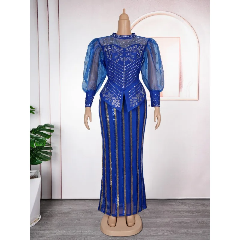 African Traditional Dresses for Women Beading Long Sleeve Dashiki Party Dress Plus Size Elegant Mesh Bodycon Guest Evening Gown - Image 7