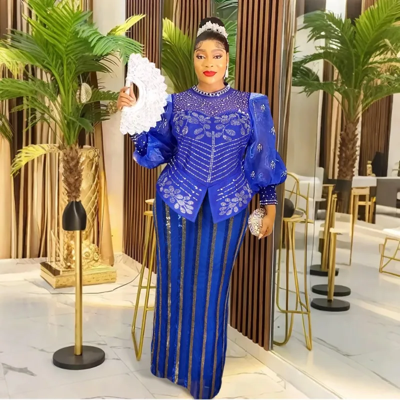 African Traditional Dresses for Women Beading Long Sleeve Dashiki Party Dress Plus Size Elegant Mesh Bodycon Guest Evening Gown - Image 2