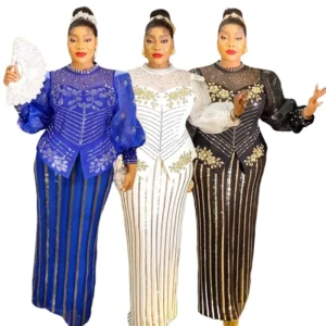 African Traditional Dresses for Women Beading Long Sleeve Dashiki Party Dress Plus Size Elegant Mesh Bodycon Guest Evening Gown
