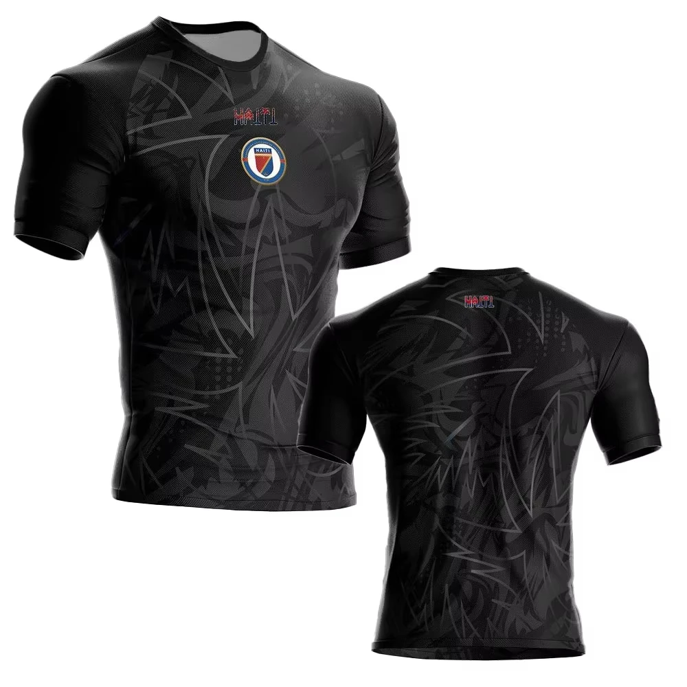 Haiti Style Football Jersey White Grey Raglan Sleeve Haiti National Flag Logo And Palm Tree Graphic Short Sleeve Sports Shirt - Image 3