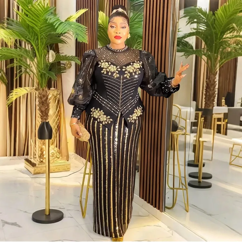 African Traditional Dresses for Women Beading Long Sleeve Dashiki Party Dress Plus Size Elegant Mesh Bodycon Guest Evening Gown - Image 3