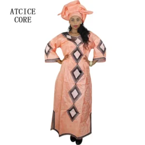 African Dresses For Woman Bazin Riche Embroidery Design Long Dress Scarf
