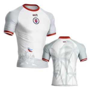 Haiti Style Football Jersey White Grey Raglan Sleeve Haiti National Flag Logo And Palm Tree Graphic Short Sleeve Sports Shirt