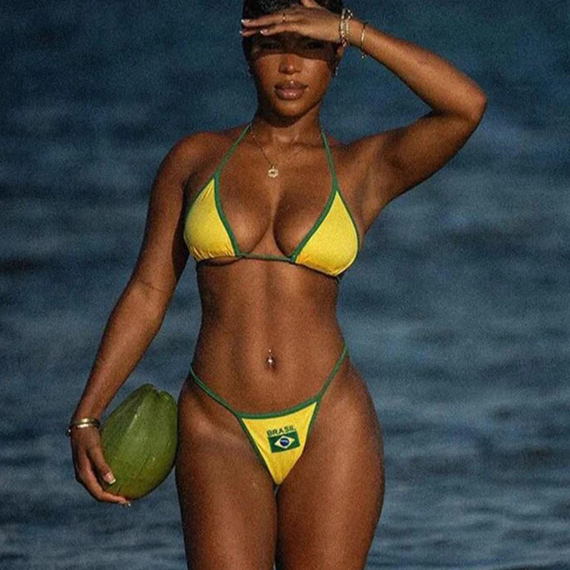 Y2K Summer New Beach Seaside New Bikini Unique Hottie Casual Suits Creative Letters Flag Pattern Swimsuit Sexy Female Two-piece - Image 3