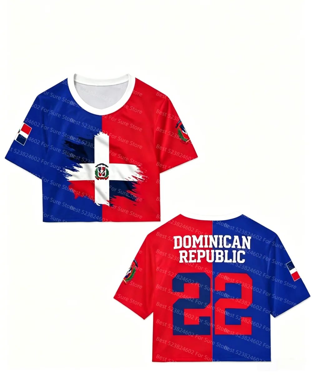 Women Dominican Republic Flag Print Crop T-shirt Casual Slim Short Sleeve Summer Streetwear Patriotic Women Y2K Aesthetic Tops - Image 2