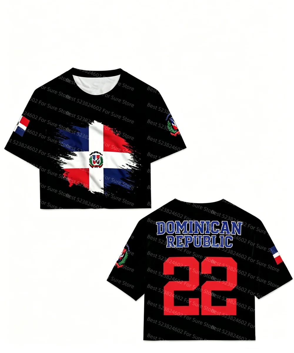 Women Dominican Republic Flag Print Crop T-shirt Casual Slim Short Sleeve Summer Streetwear Patriotic Women Y2K Aesthetic Tops - Image 5