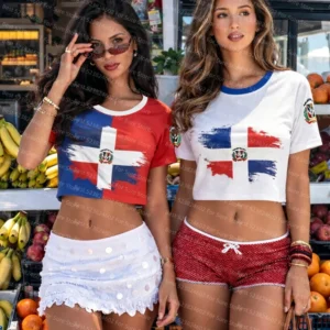Women Dominican Republic Flag Print Crop T-shirt Casual Slim Short Sleeve Summer Streetwear Patriotic Women Y2K Aesthetic Tops