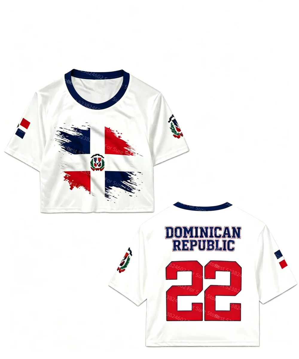 Women Dominican Republic Flag Print Crop T-shirt Casual Slim Short Sleeve Summer Streetwear Patriotic Women Y2K Aesthetic Tops - Image 3